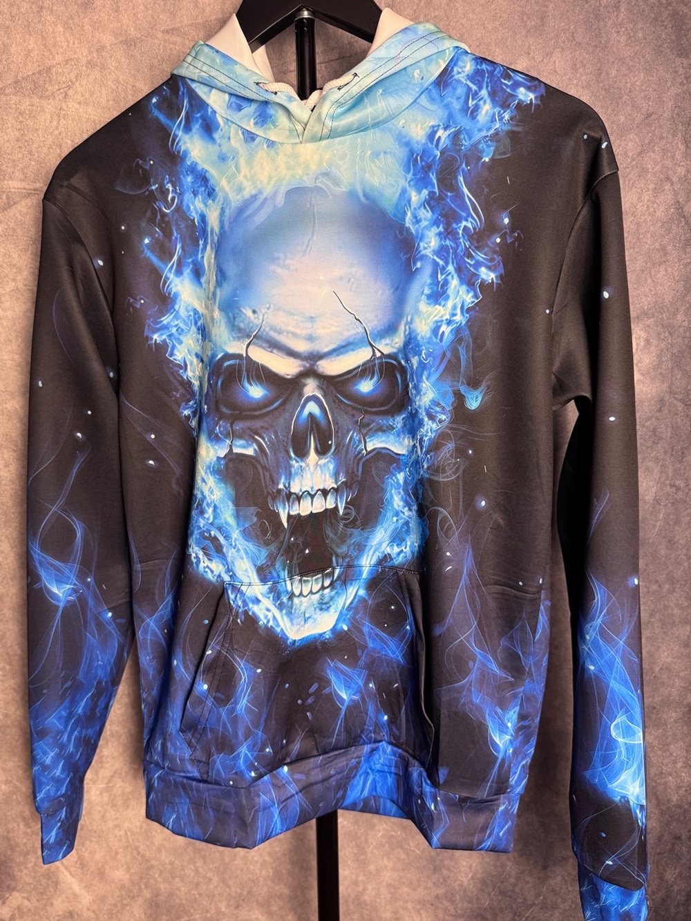 Men's Black Hoodie with Electric Blue Flame Skull Graphic